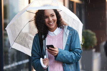 Sticker - Phone, business and woman with umbrella for communication, morning travel and cab request in city. Employee lady, mobile and cover for winter rain with urban commute, taxi app and map location search