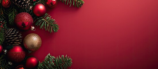Poster - Top view of a Christmas-themed setup with fir branches, decorative balls, on a red backdrop, providing copy space.
