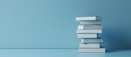 Poster - Stack of hardcover books on a light blue backdrop with copy space image available.