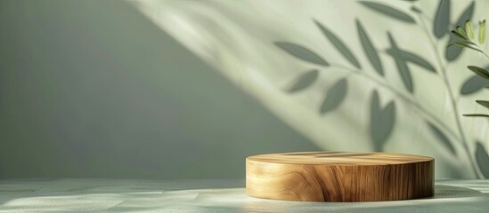 Poster - Minimalistic wooden podium placed on a pale green backdrop with interplay of light and shadows creating an aesthetic ambiance. Ample copy space image included.