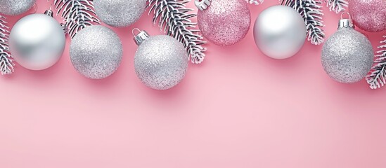 Poster - Silver ornaments on a soft pink backdrop, evoking holiday themes like Christmas, winter, and New Year. Displayed from above, with room for text or images.