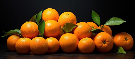 Sticker - A variety of plump tangerines arranged on a dark backdrop with space for text or images.