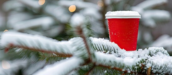 Aufkleber - A red cup labeled Happy Holidays rests on a snowy Christmas tree branch in a winter setting, serving as a copy space image for takeaway drinks like cocoa on cold strolls.