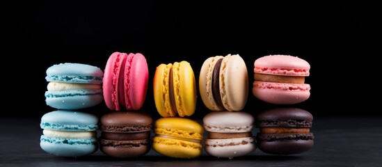 Poster - Colorful French macaroons displayed on a dark background, with copy space image available.