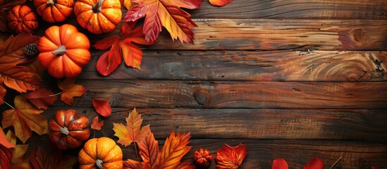 Poster - A fall-themed setting with colorful leaves and pumpkins on a wooden surface, suitable for adding text or other visuals in the copy space image.