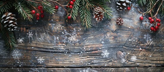 Poster - Image conveying a festive ambiance with pine branches, rowan berries, snowflakes, and pine cones on an aged wooden backdrop, offering ample copy space.