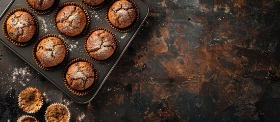 Poster - Dark background with tasty poppy seed muffins in a baking tin, perfect for a copy space image.