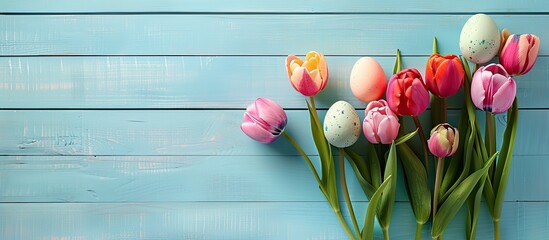 Aufkleber - Top view of colorful pastel Easter eggs with a tulip bouquet on a light blue wooden surface in a simple Easter greeting card background with available copy space image.