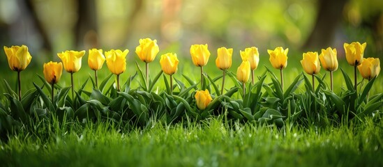 Poster - Beautiful yellow tulips blooming in the ground against a background of lush green grass, providing a perfect copy space image.