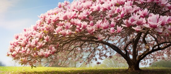 Sticker - A blooming magnolia tree filled with fresh white and pink flowers in spring under bright daylight with copy space image available.