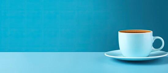 Sticker - Coffee cup on a blue backdrop with copy space image.