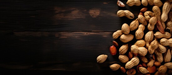 Poster - Scattered raw peanuts on dark rustic backdrop create a textured food background, suitable for incorporating a copy space image.