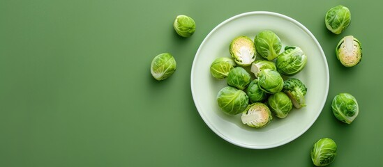 Wall Mural - A plate with fresh Brussels sprouts on a green background, offering copy space for an image.