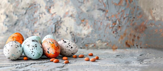 Poster - Quail eggs painted for Easter displayed on a textured concrete background with copy space image available.