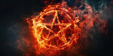 Canvas Print - A burning pentagram on a dark background