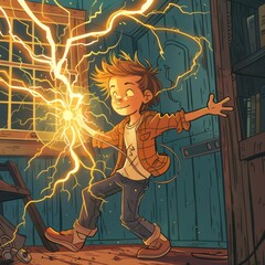 Wall Mural - a cartoon of a boy harnessing the power of electricity