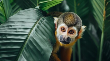 Poster -  A tight shot of a monkey perched on a tree, surrounded by a plant-filled backdrop, with a solitary leaf prominent in the foreground