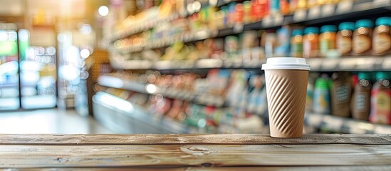 Aufkleber - Coffee cup on wooden table at a grocery store with copy space image.