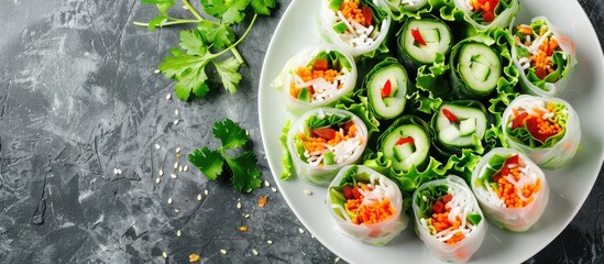 Poster - Healthy and delicious salad rolls served on a white plate, perfect as an appetizer or meal, displayed in a copy space image.