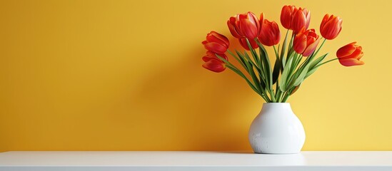 Aufkleber - Red tulips in white vase on white table near yellow wall. Suitable for text with copy space image.