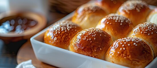 Poster - Cheese buns with various fillings like dulce de leche and guava jam, neatly arranged in a white container with copy space image and selective focus.