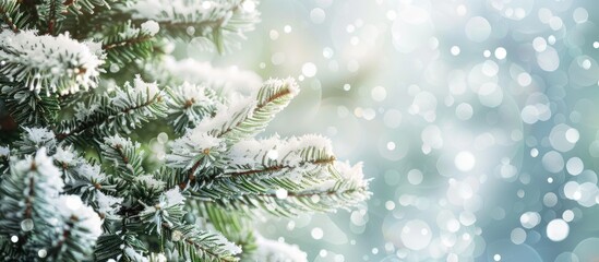 Aufkleber - Snow-covered Christmas tree branches with a blurred background, providing copy space image.