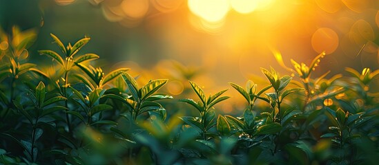 Poster - Abstract nature background featuring green plants and grass at sunset, with a blurred, bokeh, macro focus on natural elements with copy space image.