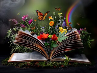 Wall Mural - An enchanting garden scene in an open book, with blooming flowers, butterflies, and a rainbow in the background The colors are vivid, and the details are intricate, creating a sense of wonder Copy