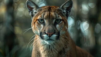 Wall Mural - portrait of puma in forest. american cougar or mountain lion.