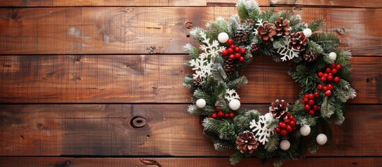 Poster - Wooden background frames a stunning white Christmas wreath with copy space image.