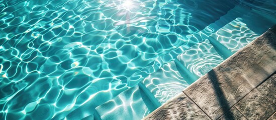 Poster - Swimming pool with blue water reflecting sunlight and rippling, creating a serene and inviting atmosphere, ideal for a copy space image.