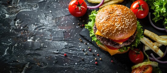 Poster - Classic American hamburger featuring meat, cheese, and assorted veggies on a dark rustic backdrop with ample copy space image.