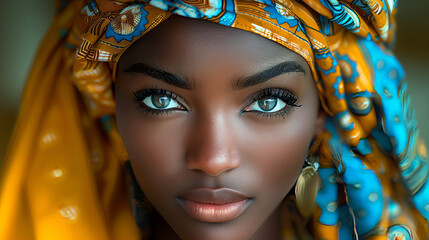 Wall Mural - Portrait of young beautiful African woman wearing yellow turban.