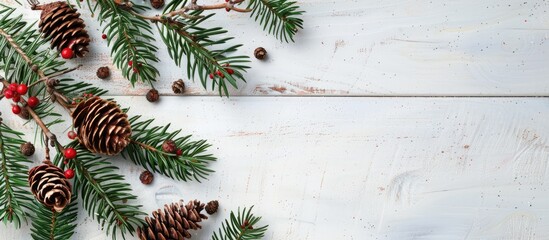 Aufkleber - A festive background featuring Christmas decorations, like pine and cypress cones with twigs, set on a white wooden table with ample copy space image.