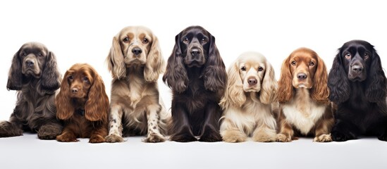 Canvas Print - Arrange English Cocker Spaniels and American Cocker Spaniel dogs in front of a white background for a perfect copy space image.