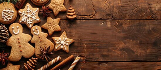 Fototapete - Composition of Christmas cookies on a wooden table with text space image.