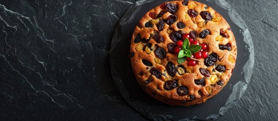 Poster - A cake featuring raisins and candied fruit displayed on a dark stone surface, with room for text or images beside it.