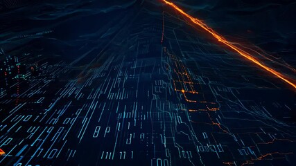 Footage with a digital high-tech matrix, an image of a binary code in blue and orange neon tones