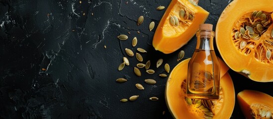 Poster - Flat lay composition featuring a glass bottle of oil beside a cut pumpkin and seeds on a black table, with copy space image available.