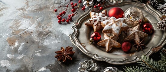 Poster - Christmas-themed objects displayed on a silver plate with copy space image.