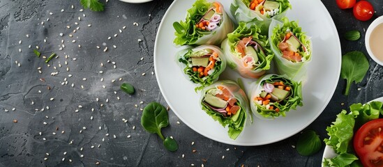 Wall Mural - Healthy and delicious salad rolls served on a white plate, perfect as an appetizer or meal, displayed in a copy space image.