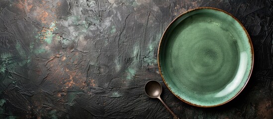 Aufkleber - Top view of an empty classic green plate on a dark rough table surface with ample copy space for menu or recipe backgrounds, enhancing a rustic table setting.