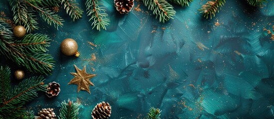 Poster - Top view of a Christmas-themed setting with fir branches, gold decorations, and a suitable copy space image.