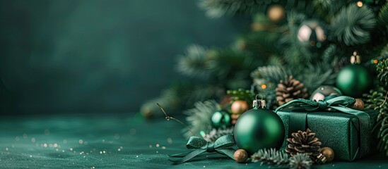 Poster - Christmas ornament in green with a ball, bow, and small gifts on a wall background, creating a festive xmas decoration with copy space image.