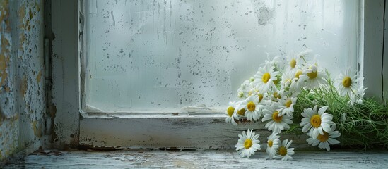 Wall Mural - A bunch of daisies and bindweed displayed on a vintage windowsill with copy space image.