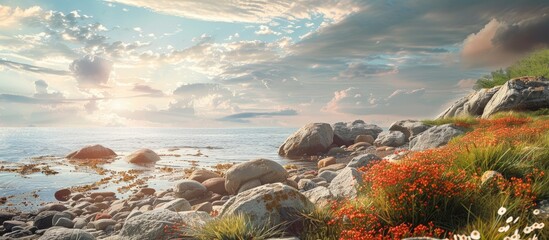 Poster - Scenic summer seaside banner with shore, sky, rocks, and ample copy space image.