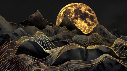 Golden Moon Rising Over Black Mountains With Abstract Line Art