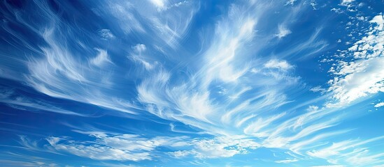 Poster - A serene cloudscape with white wispy clouds against a blue sky, ideal as a background image for design projects with copy space. Conveys a sense of hope and peace, evoking a celestial theme.