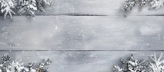 Aufkleber - Light grey wooden background with snowy frame for a copy space image.