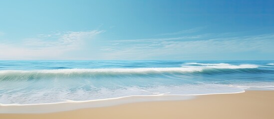 Poster - Beach waves during low tide against a clear blue sky with a vast expanse of sand, creating a serene and picturesque scene for a copy space image.